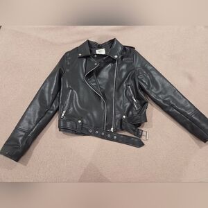 Women’s Black Faux Leather Biker Jacket with Belted Hem
